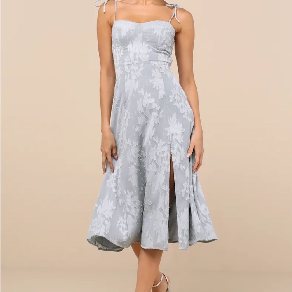 Lulus Dusty Blue Floral Jacquard Tie-Strap Midi Dress